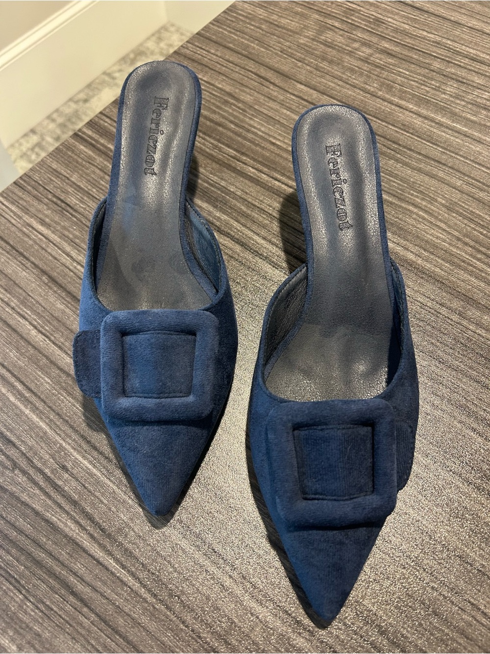 Fratelli Rossetti Navy Suede Pointed Mule with Buckle Accent